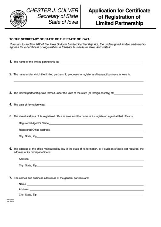 Form 635_0902 - Application For Certificate Of Registration Of Limited Partnership Printable pdf