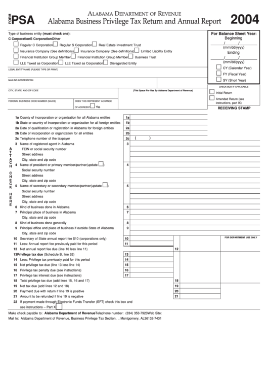Form Psa - Alabama Business Privilege Tax Return And Annual Report - 2004 Printable pdf