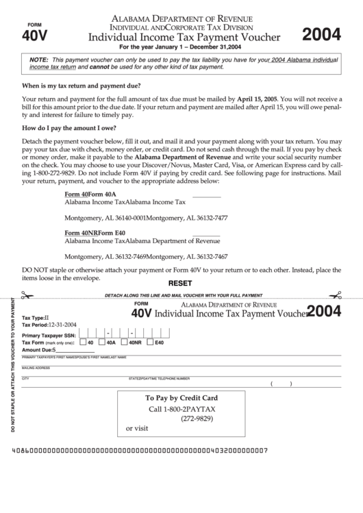 Form 40v Individual Income Tax Payment Voucher 2004 Printable Pdf Download 6107