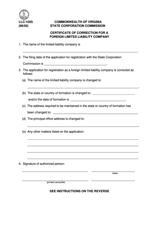 Form Llc-1055 - Certificate Of Correction For A Foreign Limited Liability Company Printable pdf