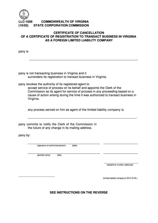 Form Llc-1056 - Certificate Of Cancellation Of A Certificate Of Registration To Transact Business In Virginia As A Foreign Limited Liability Company Printable pdf