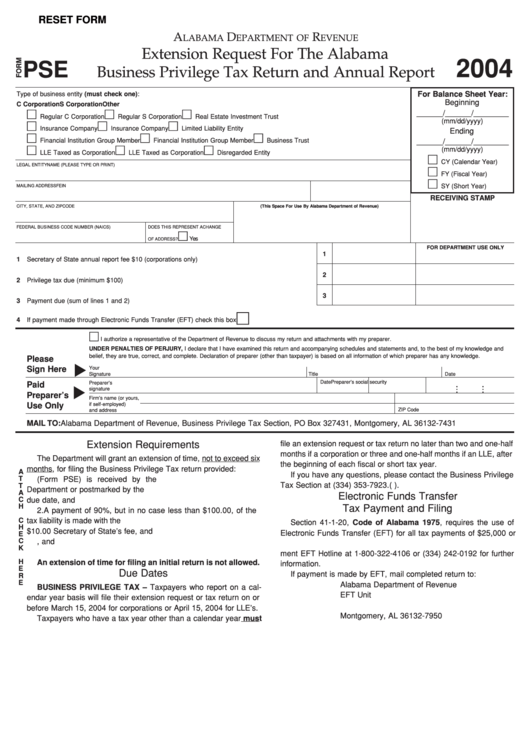 Fillable Form Pse - Extension Request For The Alabama Business Privilege Tax Return And Annual Report - 2004 Printable pdf
