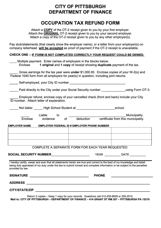 Occupation Tax Refund Form - City Of Pittsburgh Department Of Finance Printable pdf
