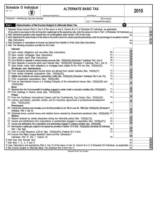 Schedule O Individual - Alternate Basic Tax - 2010 Printable pdf