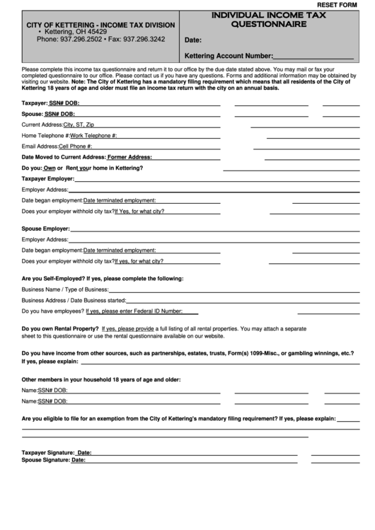 Fillable Individual Income Tax Questionnaire Form - Ohio Income Tax Division Printable pdf