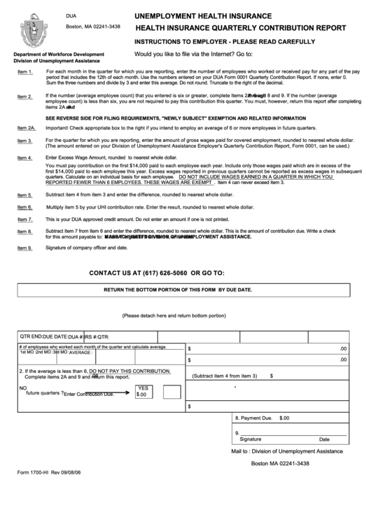 Fillable Form 1700-Hi -Health Insurance Quarterly Contribution Report - Unemployment Health Insurance Printable pdf