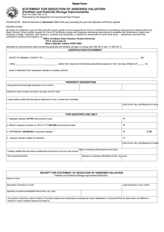 Fillable State Form 45651 - Statement For Deduction Of Assessed Evaluation - 2010 Printable pdf