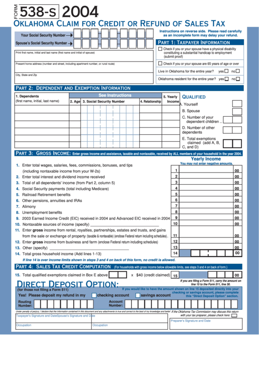 Form 538-S - Claim For Credit Or Refund Of Sales Tax - 2004 Printable pdf