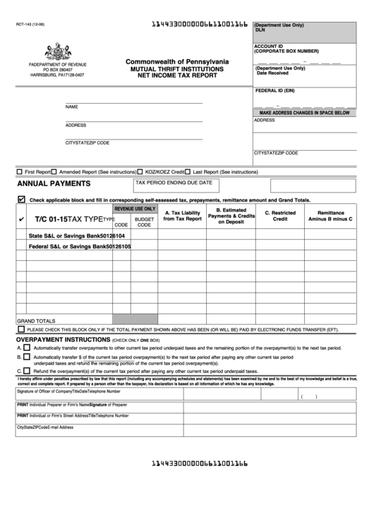 Form Rct-143 -Mutual Thrift Institutions Net Income Tax Report - Commonwealth Of Pennsylvania Printable pdf