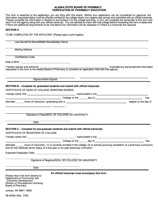 Verification Of Pharmacy Education Form - Alaska State Board Of Pharmacy Printable pdf