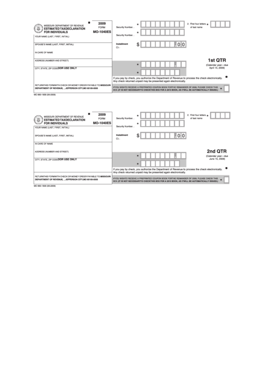 Fillable Form Mo-1040es - Estimated Tax Declaration For Individuals - Missouri Department Of Revenue - 2009 Printable pdf