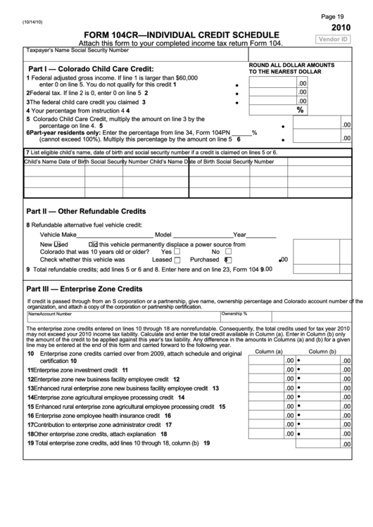 Form 104cr - Individual Credit Schedule - 2010 Printable pdf