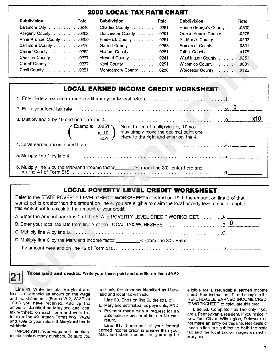 Form 515 - Maryland Income Tax Return - Instructions 2000