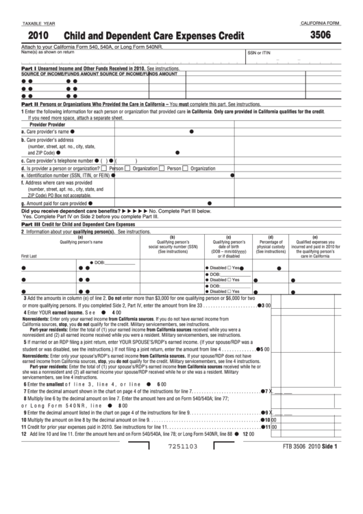 Fillable California Form 3506 - Child And Dependent Care Expenses Credit - 2010 Printable pdf