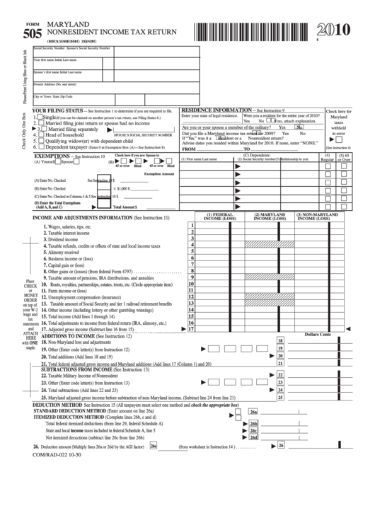 Fillable Form 505 - Maryland Nonresident Income Tax Return - 2010 Printable pdf