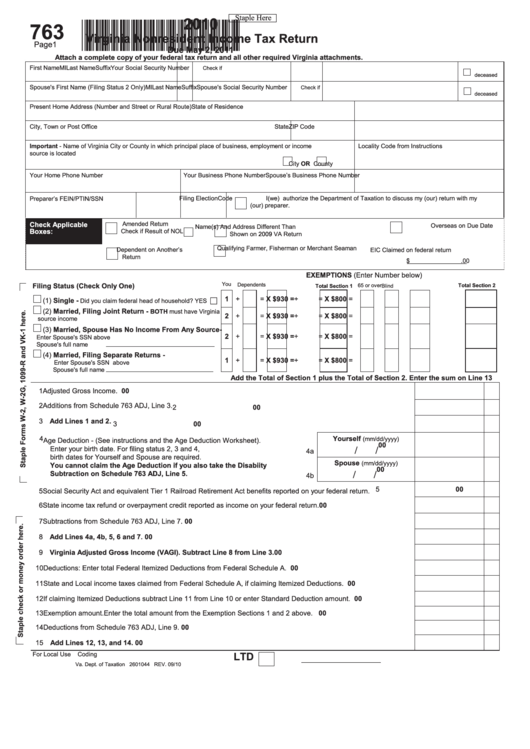 Form 763 - Virginia Nonresident Income Tax Return - 2010 Printable pdf
