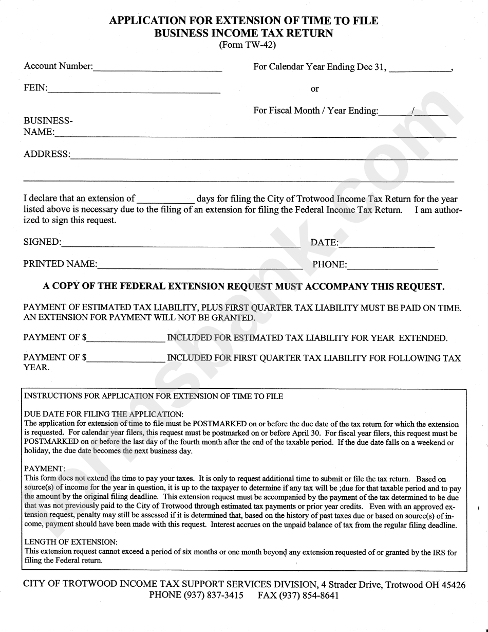 Form Tw-42 - Application For Extension Of Time To File Business Income Tax Return