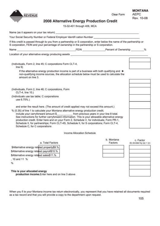 Fillable Montana Form Aepc - 2008 Alternative Energy Production Credit Printable pdf