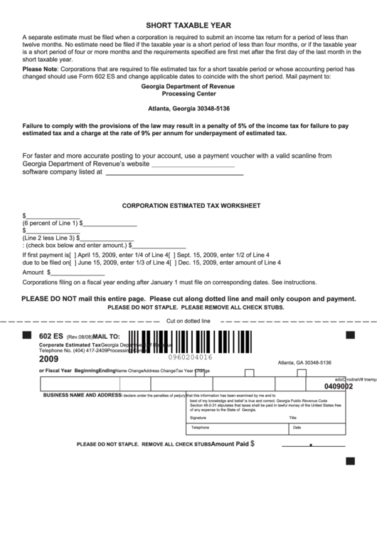 Form 602 Es - Corporation Estimated Tax - 2009 printable pdf download