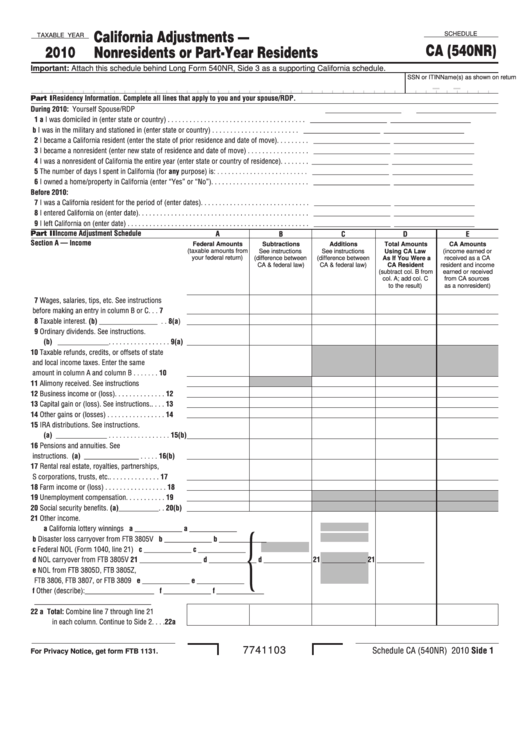 Fillable Schedule Ca (540nr) - California Adjustments - Nonresidents Or Part-Year Residents - 2010 Printable pdf