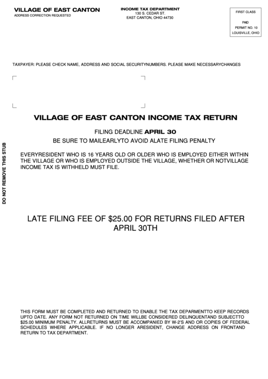 Instructions For Income Tax Form - Village Of East Canton Printable pdf