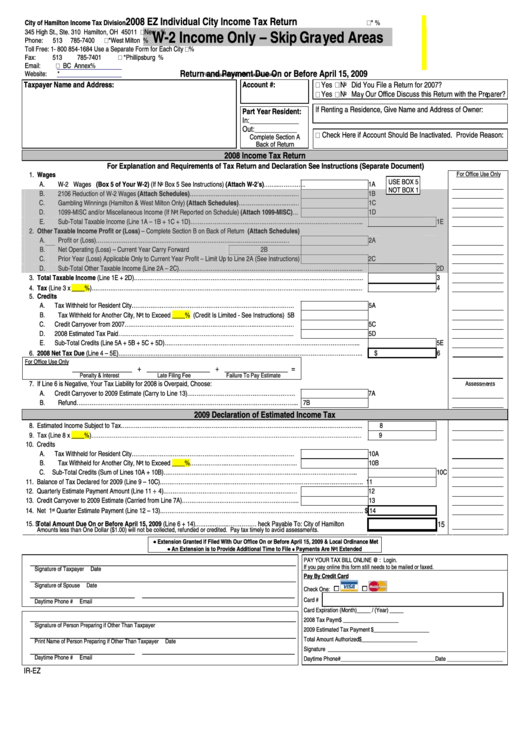 Form Ir-Ez - Individual City Income Tax Return - 2008 Printable pdf