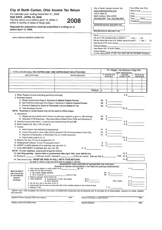 City Of North Canton, Ohio Income Tax Return - 2008 Printable pdf