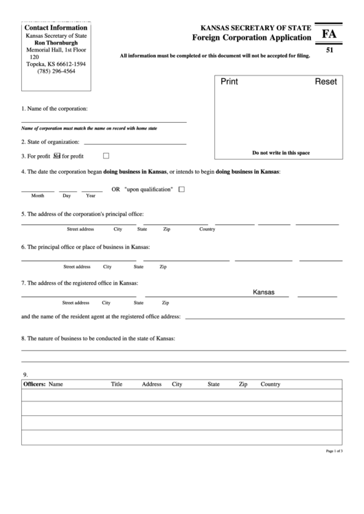 Fillable Form Fa 51 - Foreign Corporation Application - 2003 Printable pdf