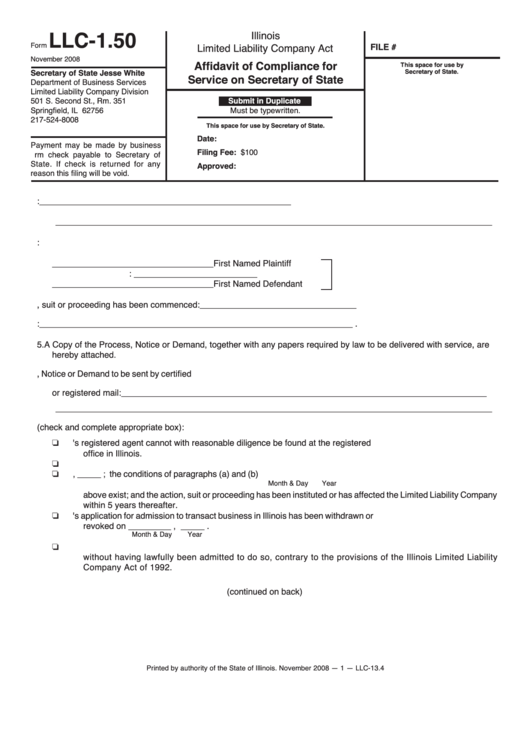 Fillable Form Llc-1.50 - Affidavit Of Compliance For Service On Secretary Of State Printable pdf