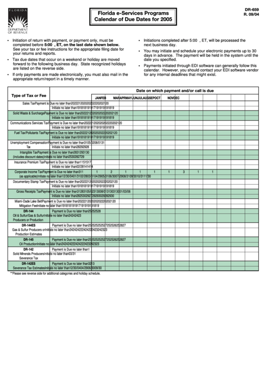 Form Dr 659 - Florida E-Services Programs Calendar Of Due Dates For 2005 Printable pdf