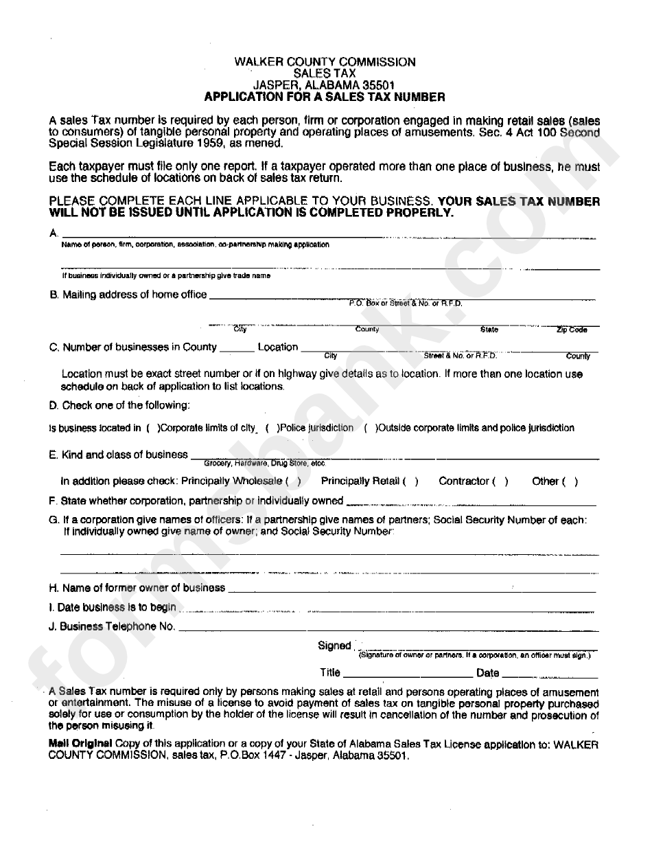 Application For A Sales Tax Number-Walker County Commission Sales Tax