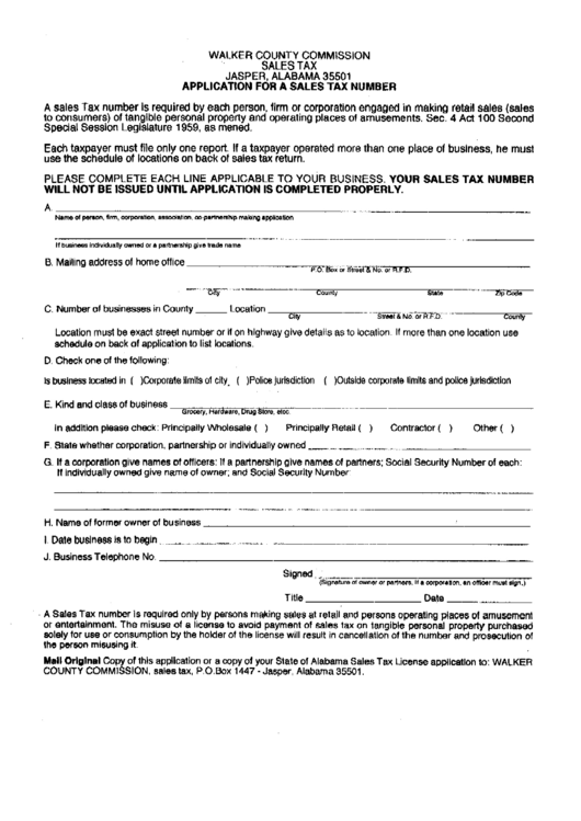 Application For A Sales Tax Number-Walker County Commission Sales Tax Printable pdf