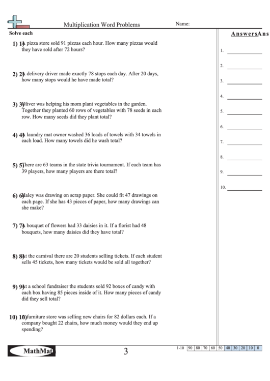 Multiplication Word Problems Worksheet (With Answers) Printable pdf