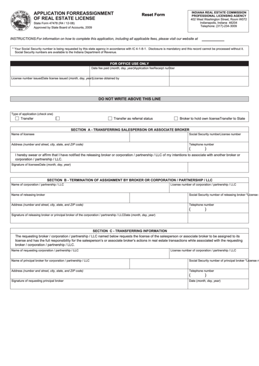 Fillable State Form 47478 - Application For Reassignment Of Real Estate License Printable pdf