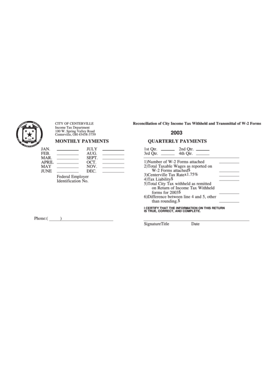 Reconciliation Of City Income Tax Withheld And Transmittal Of W-2 Forms - Monthly/quarterly Payments - City Of Centerville - 2003/2004 Printable pdf