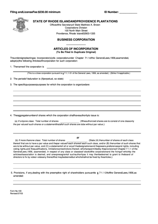 Form 100 - Articles Of Incorporation - Business Corporation Printable pdf