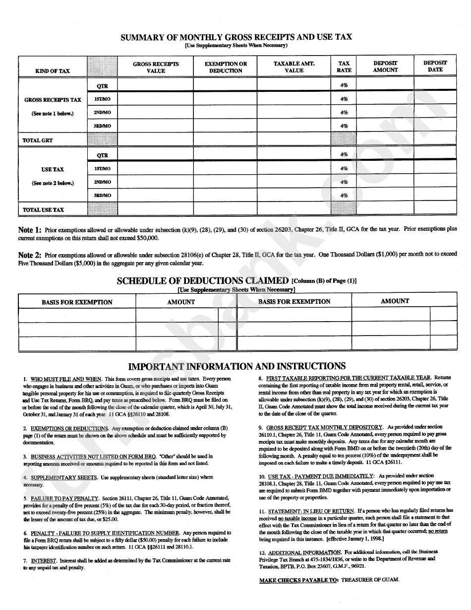 Summary Of Monthly Gross Receipt And Use Tax