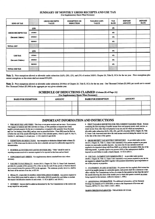 Summary Of Monthly Gross Receipt And Use Tax Printable pdf