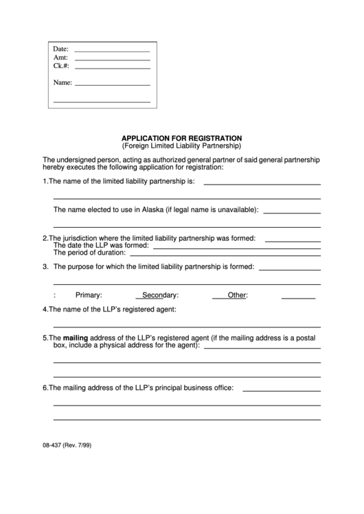 Fillable Form 08-437 - Application For Registration Printable pdf