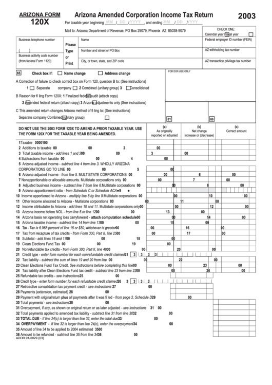 Arizona Form 120x - Arizona Amended Corporation Income Tax Return - 2003 Printable pdf