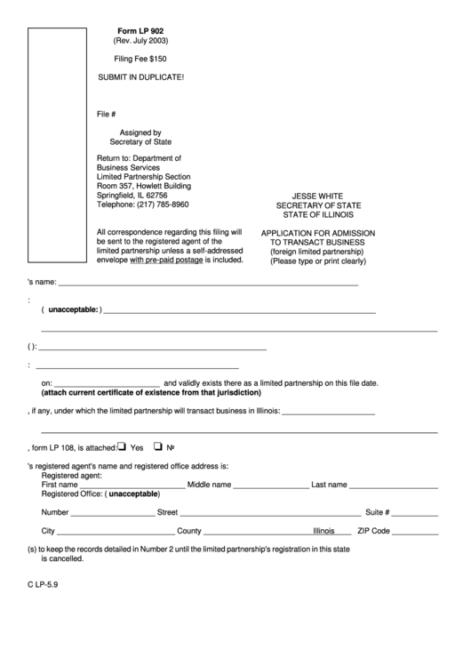 Fillable Form Lp 902 - Application For Admission To Transact Business Printable pdf