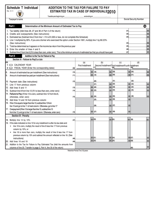 Schedule T Individual - Addition To The Tax For Failure To Pay Estimated Tax In Case Of Individuals - 2010 Printable pdf