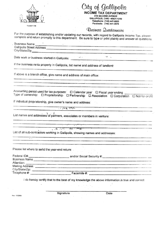 Business Questionnaire - City Of Gallipolis Printable pdf