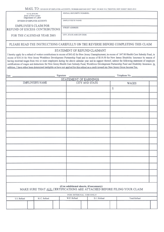 Form Uc-9a - Statement Of Refund Clainamt - New Jersey Department Of Labor Printable pdf