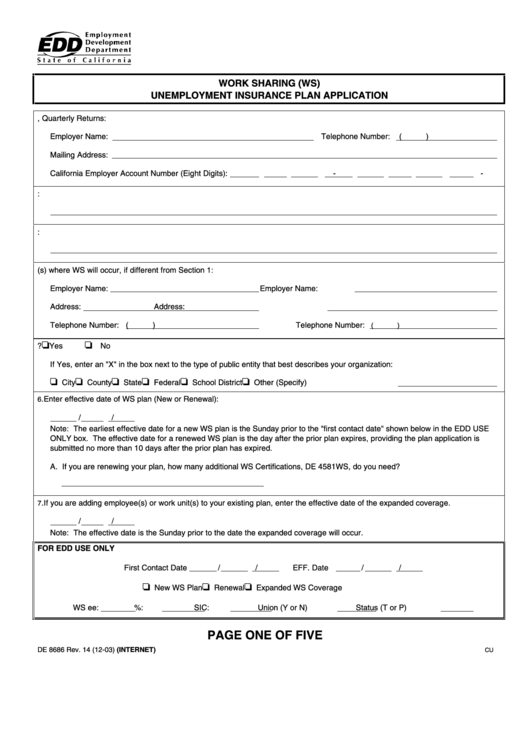 Form De 8686 - Work Sharing (Ws) - Unemployment Insurance Plan Application Printable pdf