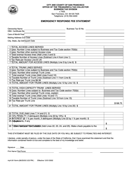Emergency Response Fee Statement - City And County Of San Francisco Printable pdf