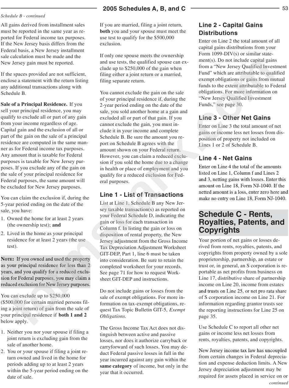 Form Nj-1040 Line-By-Line Instructions - 2005