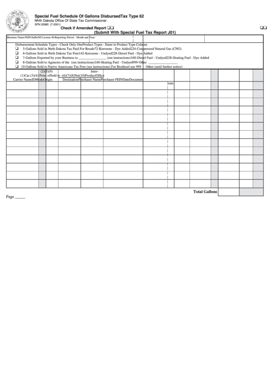 Fillable Form Sfn 22985 - Special Fuel Schedule Of Gallions Disbursed Printable pdf