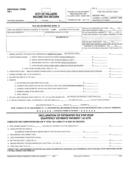 Individual Form Tr-1 - City Of Hillard Income Tax Return Printable pdf