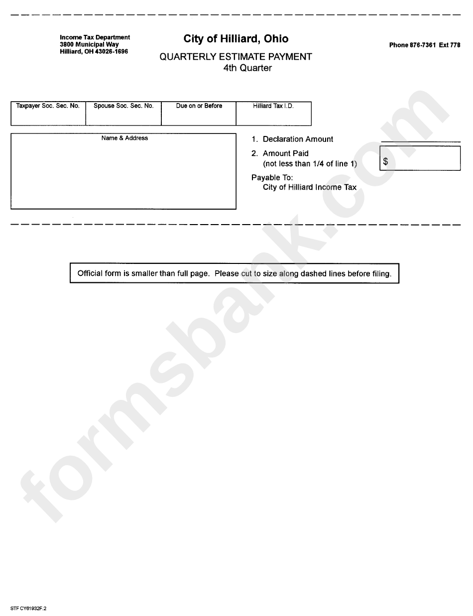 Individual Form Tr-1 - City Of Hillard Income Tax Return